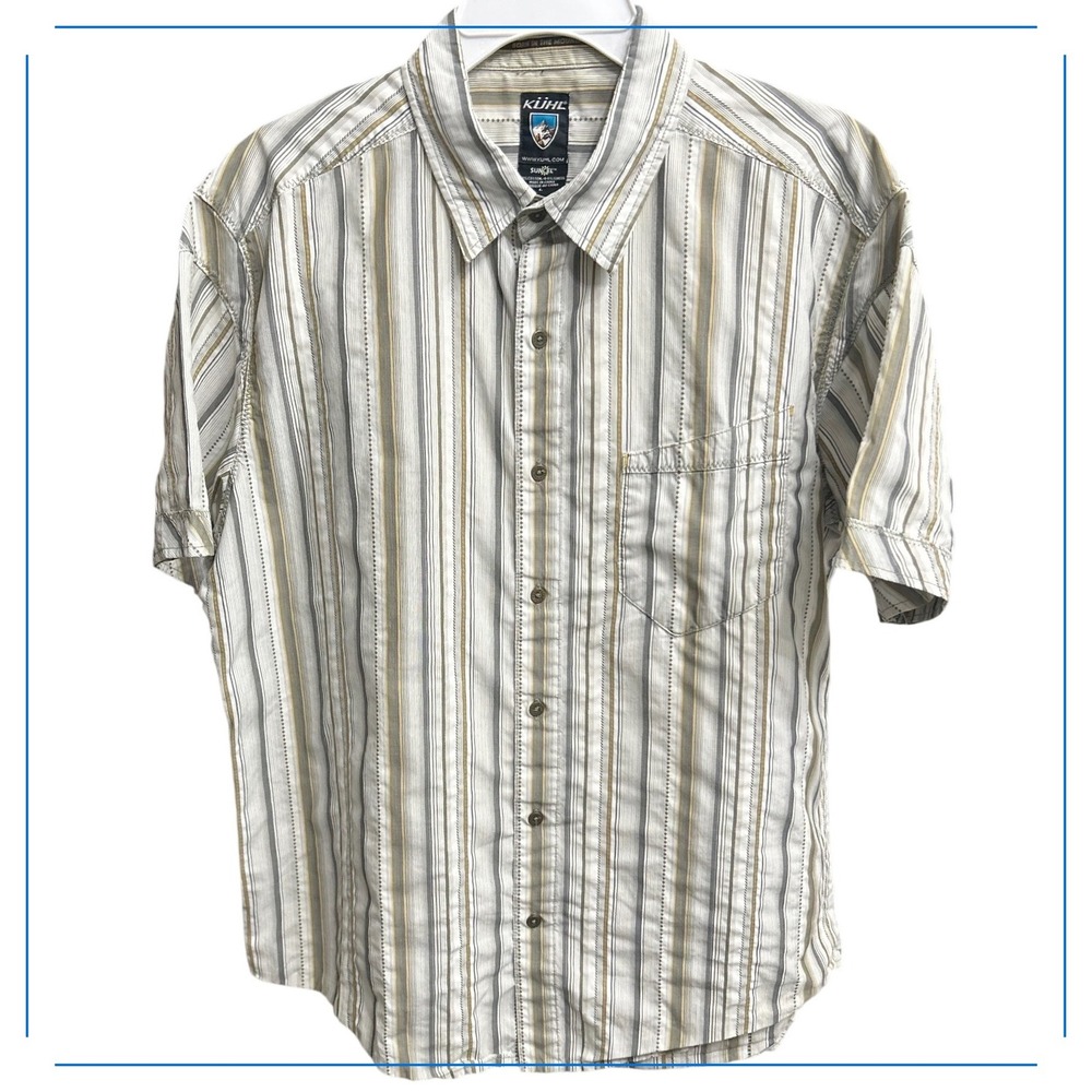 Kuhl Suncel Mens Large Short Sleeve Button Down Shirt Striped Cotton Tencel Grey
